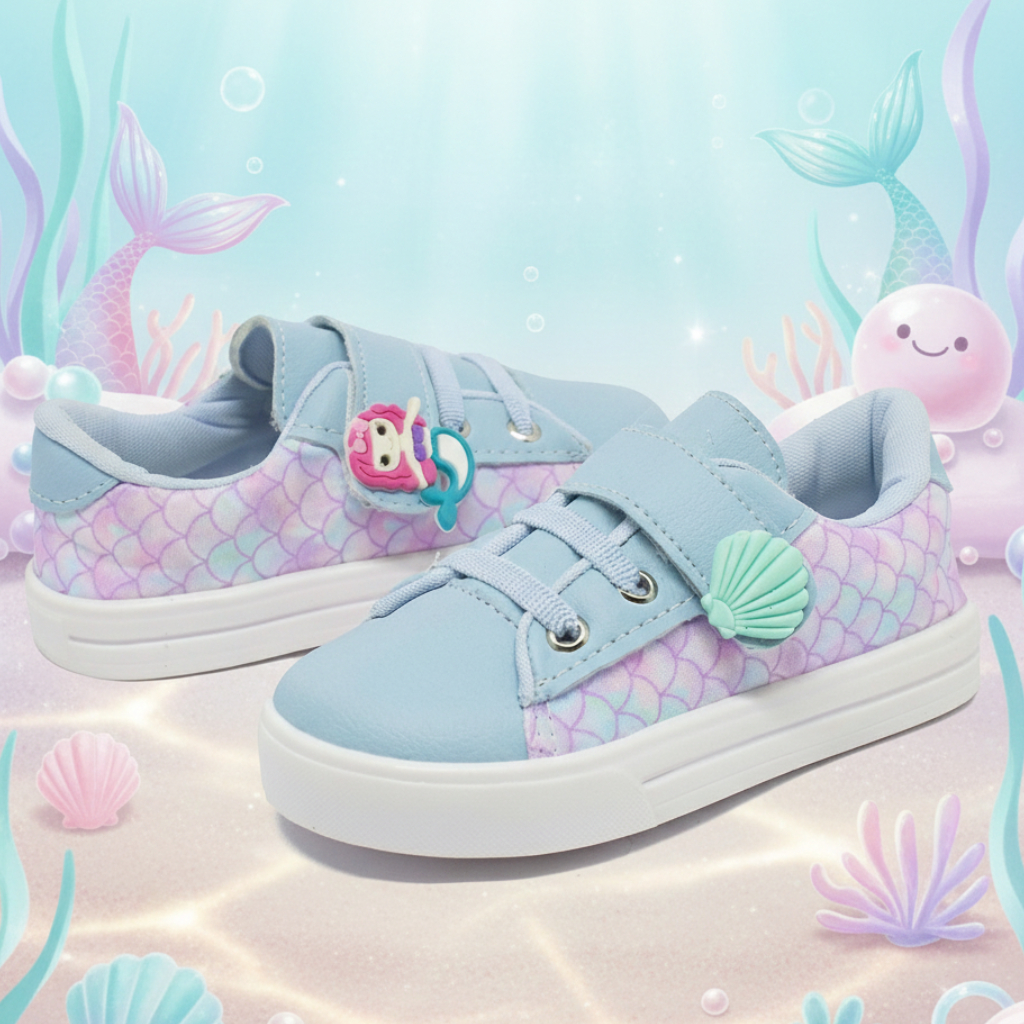 Tênis Infantil Menina Sereia Azul com Velcro Casual Confortável Moda Estiloso Ideal para Escola e Passeios em Oferta na Shopee