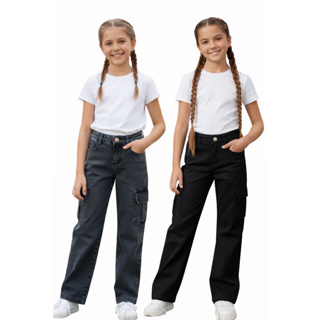 Calça Jeans wid Leg Cargo Infantil Menina - Grafite Estilo Streetwear & Conforto 6 ao 16 Anos em Oferta na Shopee