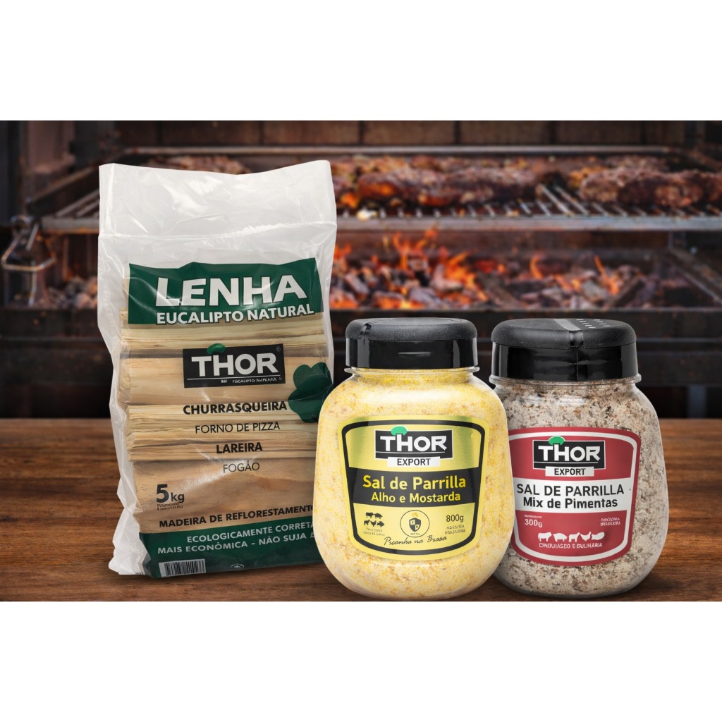 Kit Churrasco Prime Lenha Eucalipto  + Sal Parrilha com Alho 800g + Sal Parrilha Mix de Pimenta 350g