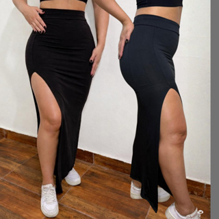 Saia Midi Feminina Longa Cintura Alta com Fenda Leve Casual Moda Verão Elegante em Oferta na Shopee