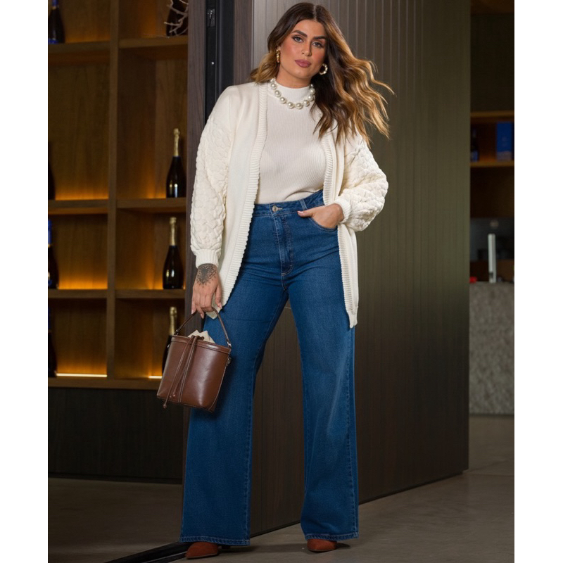 Calça Wide Leg Jeans Denim Reforçada
