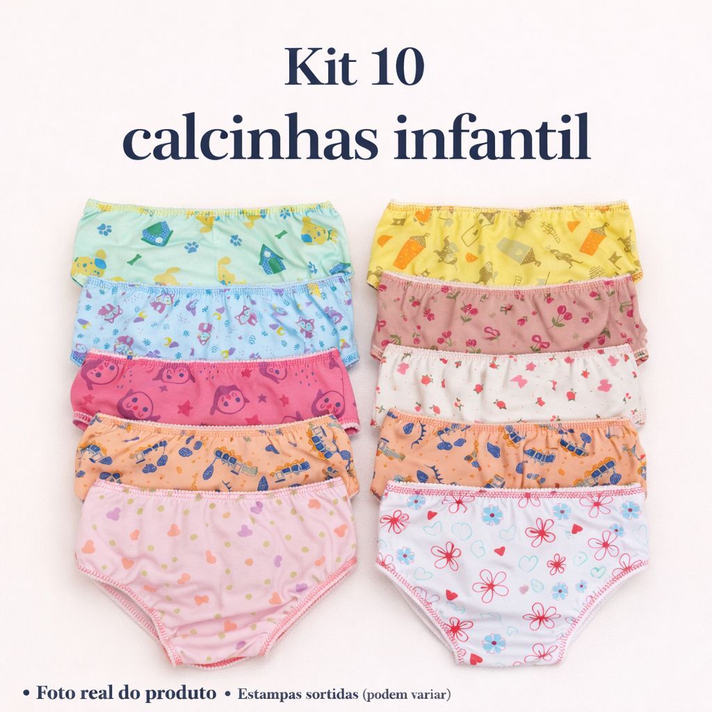 Kit calcinha algodão forrada infantil menina calcinhas estampas sortidas para o dia a dia