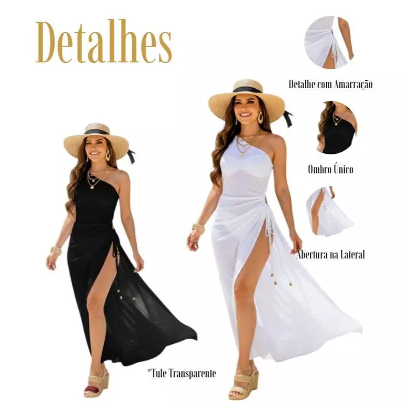 Saída Feminina de Tule Transparente Luxo Sensual Tecido de malha Grega Assimétrica Tendencia Verão 2025-2026