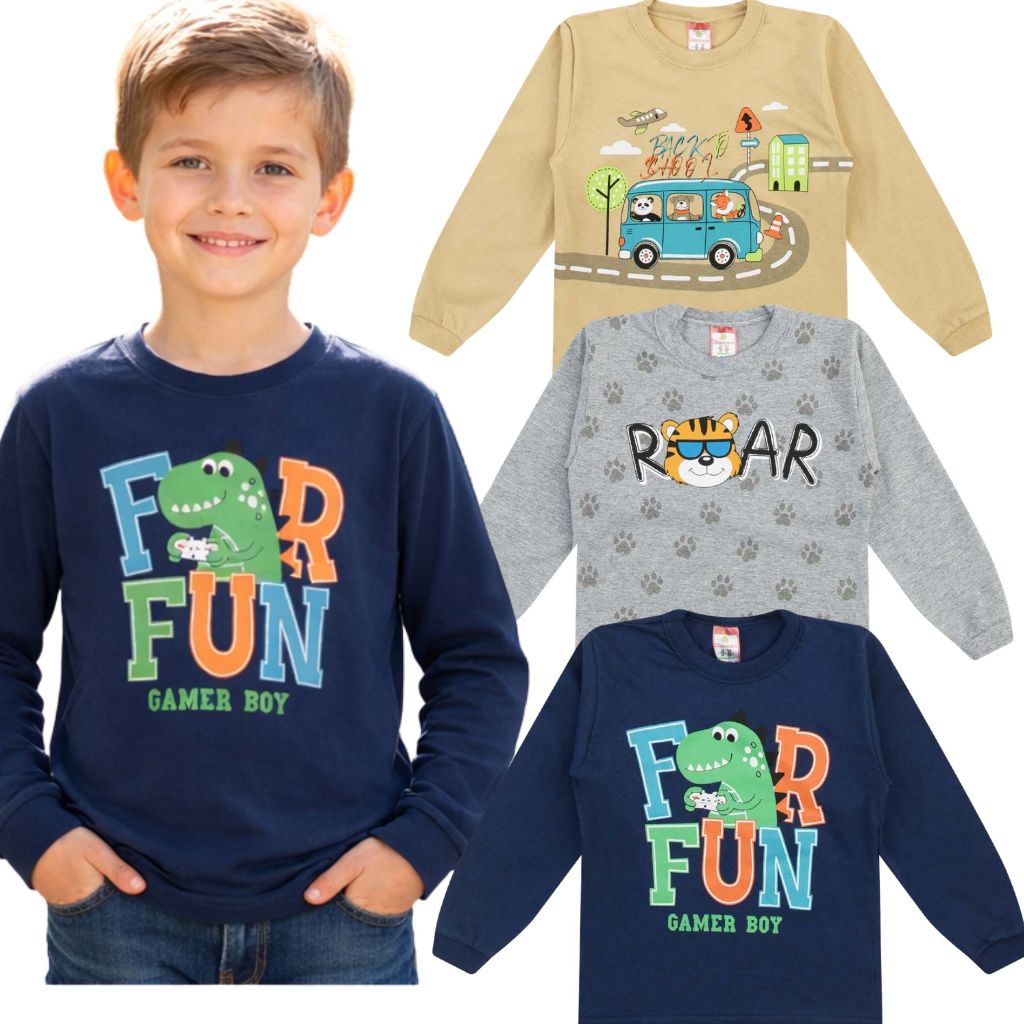 Kit 3 Camisetas Infantil Manga Longa Sortidas em Oferta na Shopee