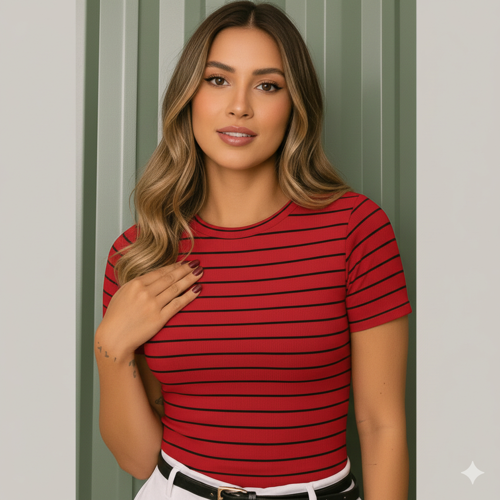 BLUSA LISTRADA MANGA CURTA Canelada - Blusa Feminina Confortável Casual