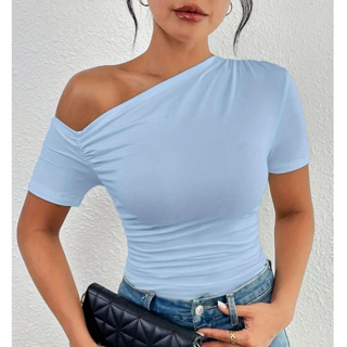 Blusa Feminina Suplex Premium com Manga Curta Assimétrica Drapeada Elegante Casual Ombro a Ombro Estilosa em Oferta na Shopee