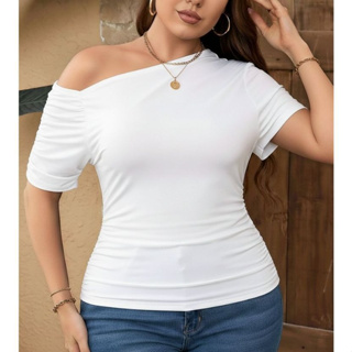 Blusa Feminina Plus Size Suplex com Manga Curta Assimétrica Drapeada Elegante Casual All Curve Estilosa Tamanho Grande em Oferta na Shopee
