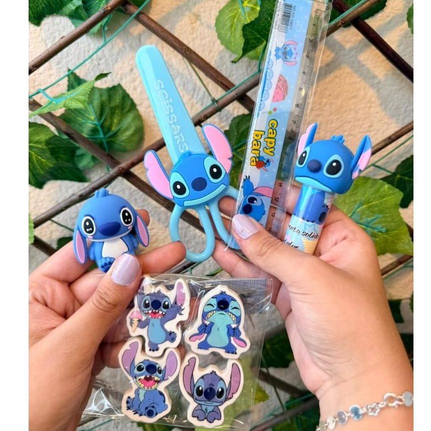 Kit Material Escolar Stitch Tesoura + Borrachas + Régua + Cola + Apontador Presente Infantil Kawaii