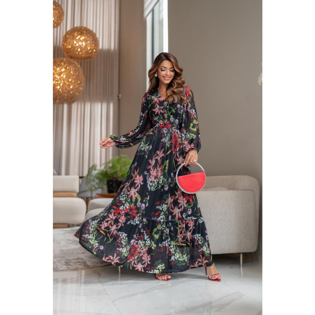 Vestido Longo Katia em Tule Floral Chiique Elegante Moda Evangélica Modesta