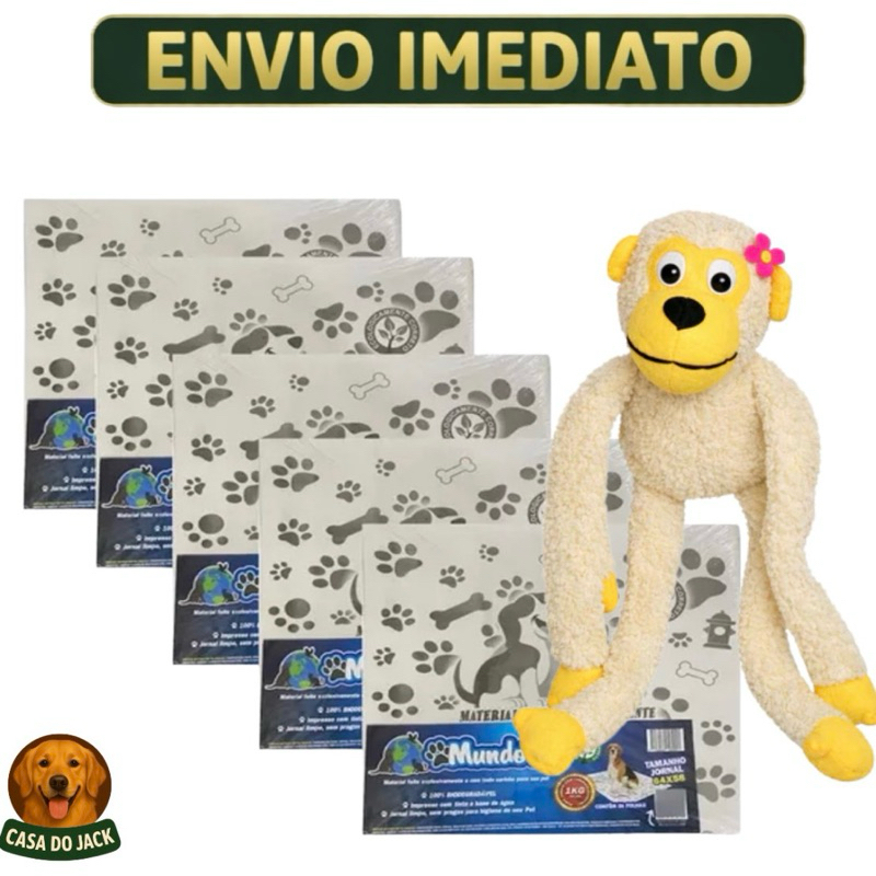 Kit Tapete Higiênico Jornal Pet 5kg 280 folhas + Brinquedo Pelúcia Macaco Macho Ou Fêmea