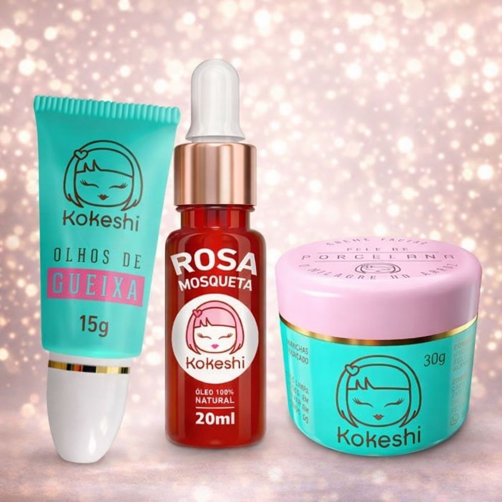 Kit Mágico Facial Kokeshi - 1 Porcelana 30 gr + 1 Gueixa 15 gr + 1 Òleo de Rosa Mosqueta 20 ml - Kokeshi osméticos