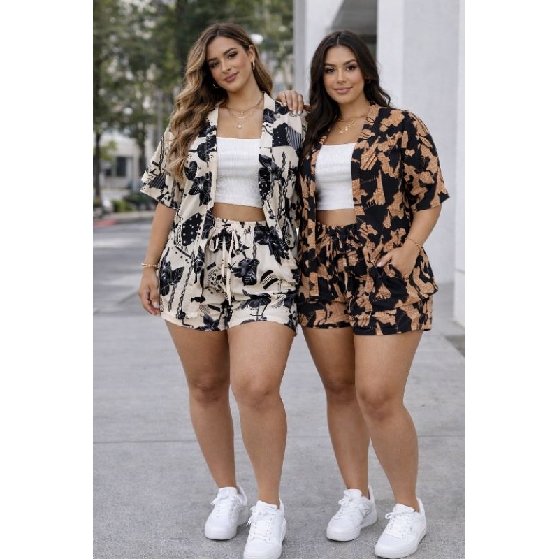 kit 2 Conjunto kimono + Short  Com Bolso Tecido Duna Estampado Verão 2025  Praia