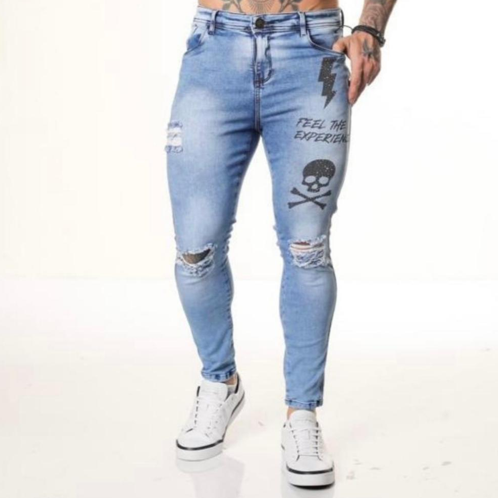 Calça Jeans Masculina Skinny Com Elastano Justa Rasgada