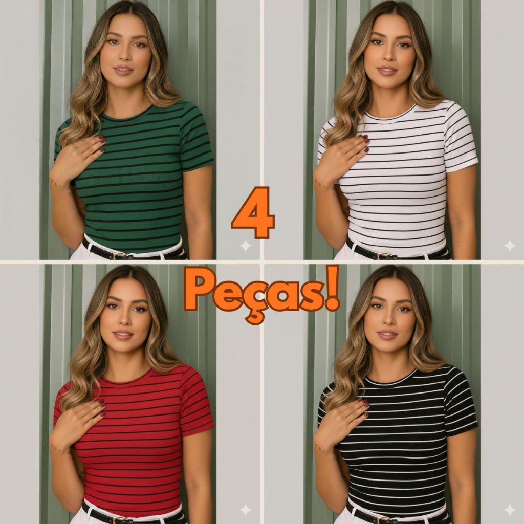 Kit 4 Blusa Feminina LISTRADA – Blusinha MANGA CURTA Ribana Canelada em Oferta na Shopee
