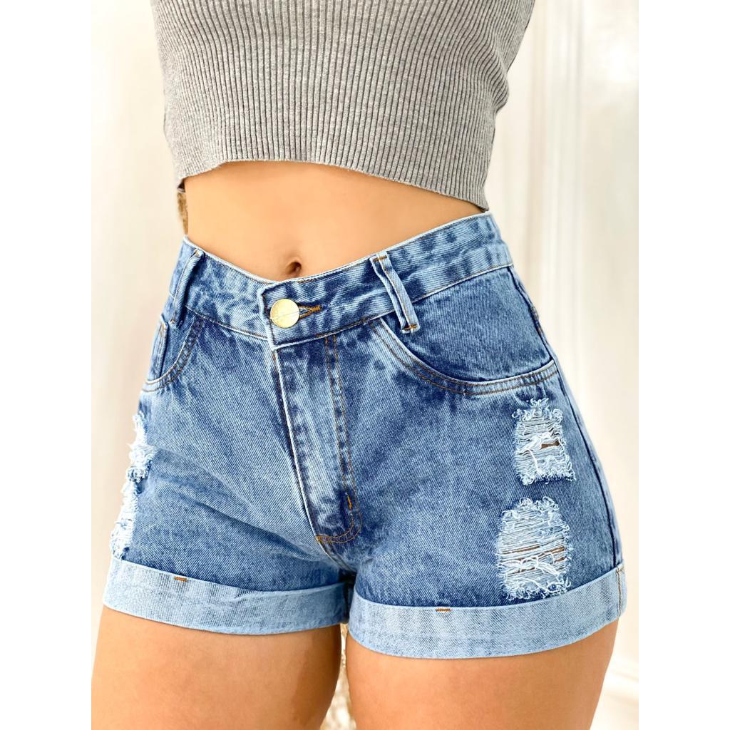 Short Jeans Feminino bermuda destroyed Jeans curto
