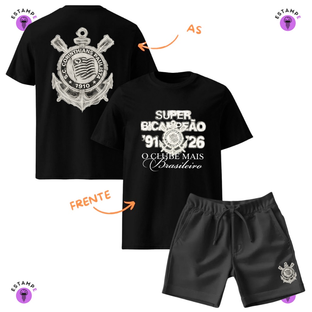 Kit Infantil 2 peças 1 Camiseta e 1 Bermuda Moletinho Campeão Super Copa 2026 Bicampeão Lançamento   Infantil Unissex