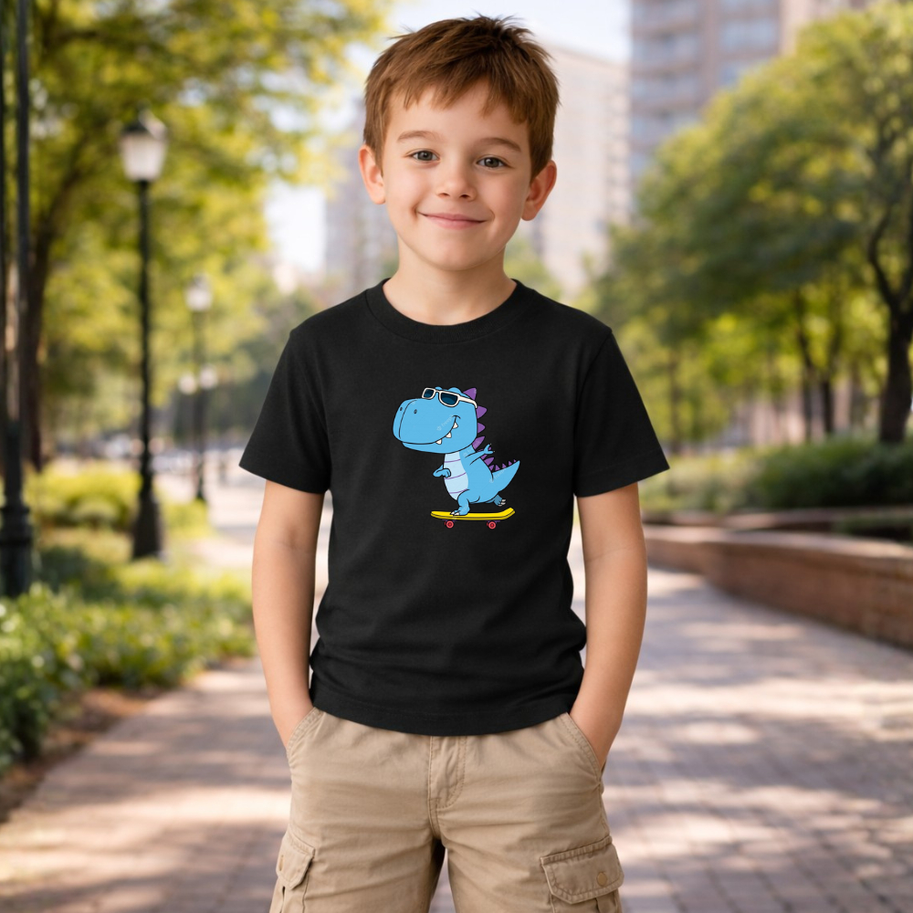 Camiseta Infantil Dinossauro Skate Blusa Infantil Estampada Roupa Criança Menino Confortável 100% Algodão