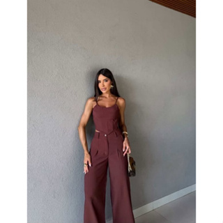 Conjunto Feminino Alfaiataria Premium Blusa Cropped Barbatana e Calça Pantalona em Oferta na Shopee
