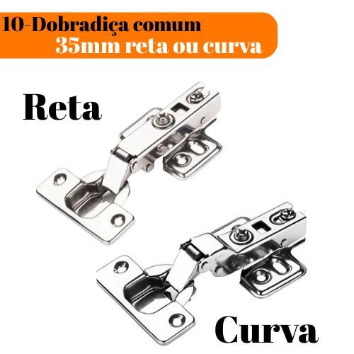 Kit 10 Dobradiça Pressão 35mm Reta e Curva Para Móveis Porta Armário Guarda Roupa