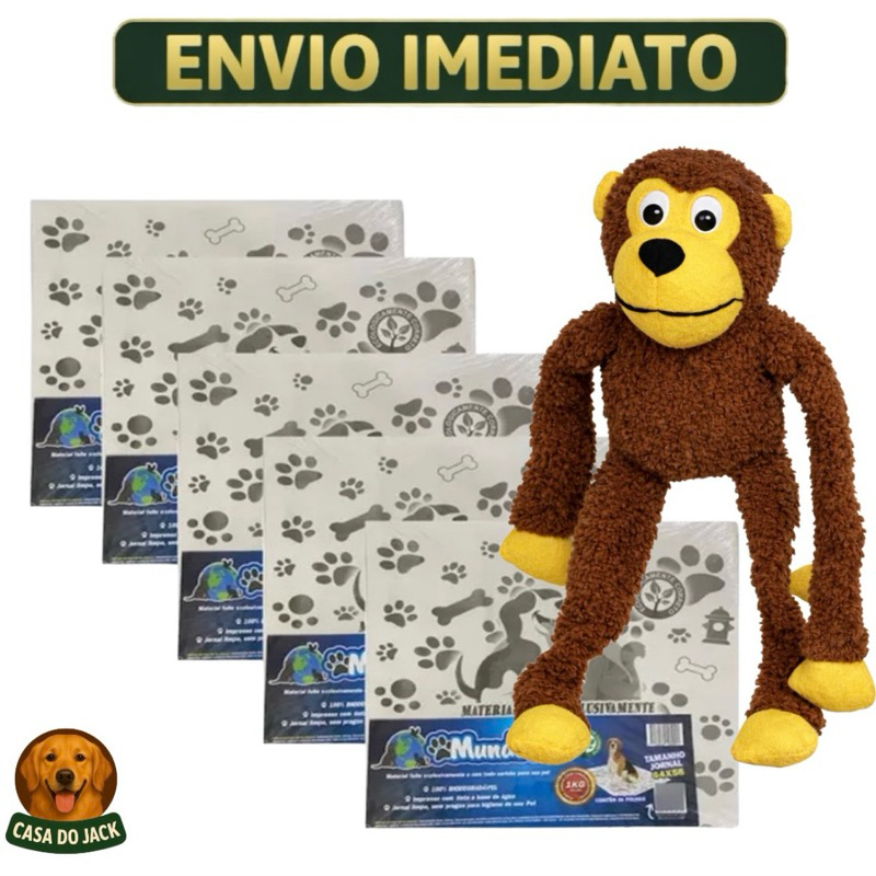 Kit Tapete Higiênico Jornal Pet 10kg 560 folhas + Brinquedo Pelúcia Macaco Macho Ou Fêmea