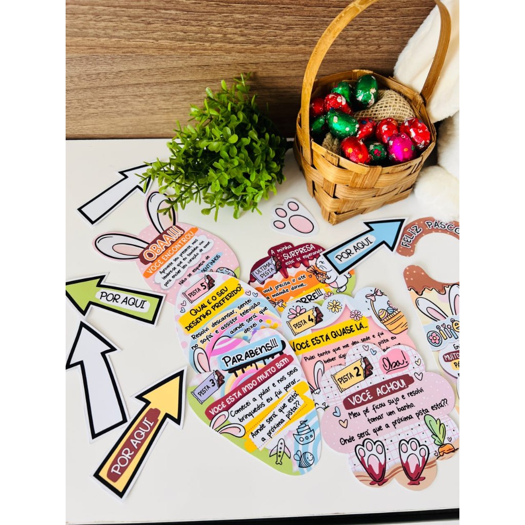 Caça aos Ovos Infantil Completo – Cartas da Busca + 100 Adesivos Patinhas + 20 Mini Ovinhos de Chocolate