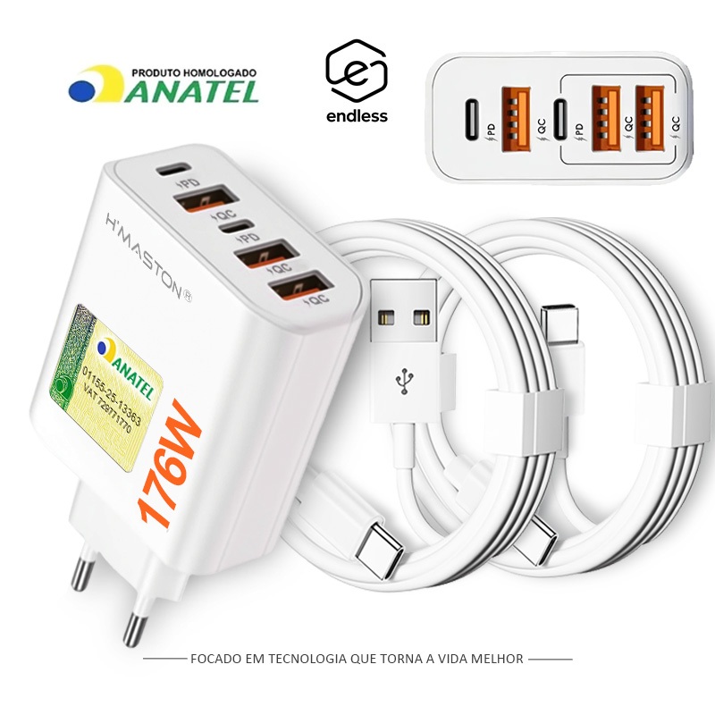 5 Em 1 Fonte De Energia Carregador Turbo USB-A+USB-C com TIPO C Cabo Carregamento rápido 176W