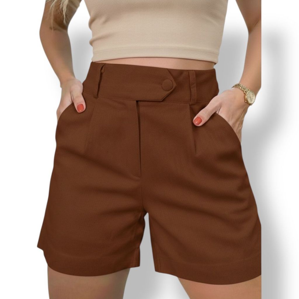 Short Feminino em Linho com Forro | Cintura Alta | Casual Elegante | Bolsos Laterais em Oferta na Shopee