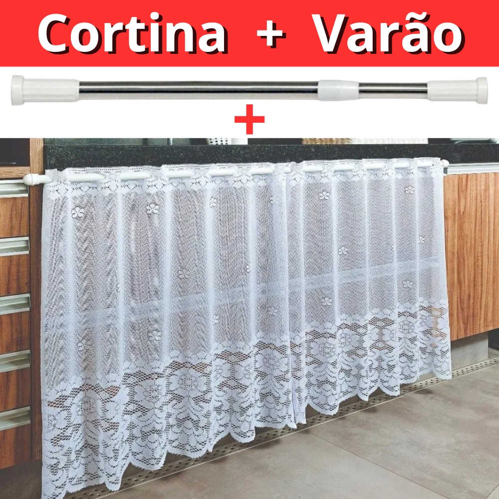 Cortina de Pia em Renda Tam. 90cm x 70cm  MAIS  Varão Extensivel Extensor  70 cm até 120 cm Varao - PANAMI