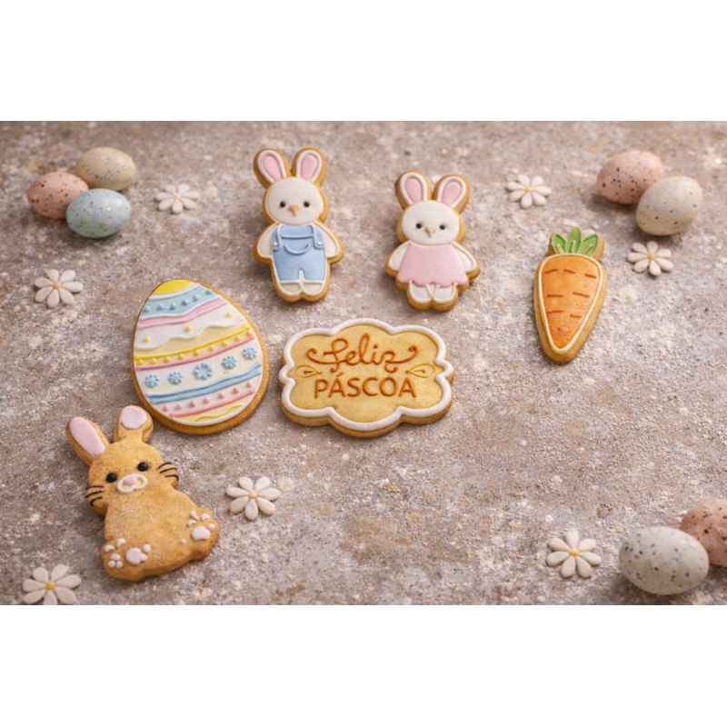 Kit 6 Cortadores de Biscoito de pascoa coelhinho com puxador 7cm Cortador Massinha Com Marcador em Oferta na Shopee