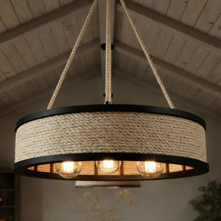 LUMINARIA LUSTRE PENDENTE RUSTICO DE MADEIRA 57 CM DE DIÂMETRO 3 BOCAIS PRETO ALÇA DE SISAL. em Oferta na Shopee