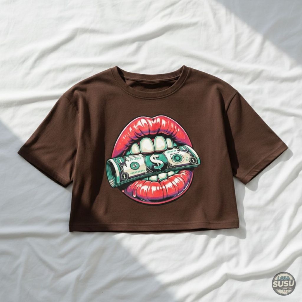 Cropped Estampado Boca Dinheiro Cropped Oversized Feminino 100% Algodão P ao GG