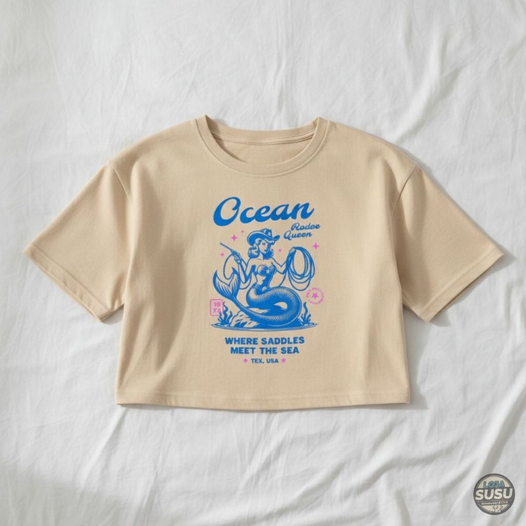 Cropped Estampado Mermaid Praia Mar Oversized Soltinho 100% Algodão Retro Vintage