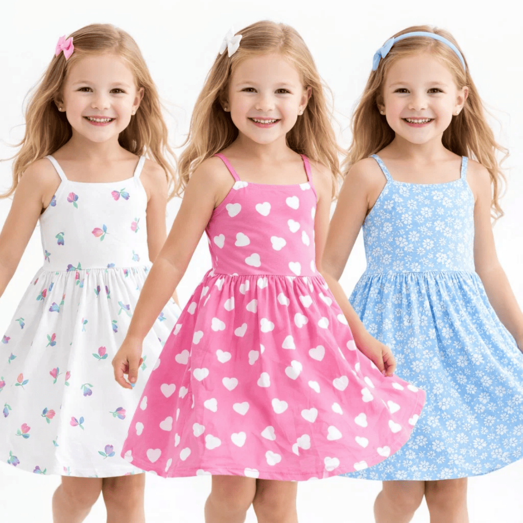 Kit 4 Vestidos Sortidos Infantil Menina Verão Alcinha Estampado 80% Algodão Leve - Verão e Escola em Oferta na Shopee