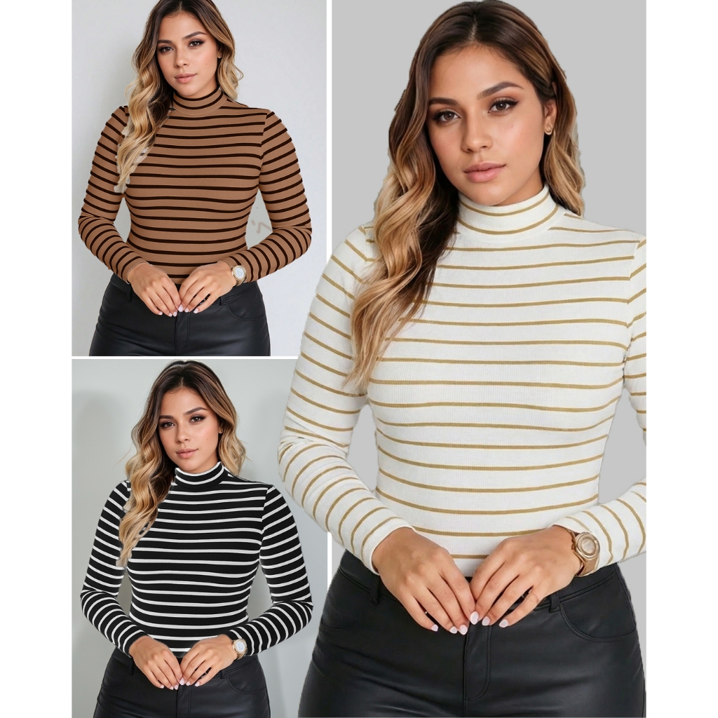 Kits Blusas Feminina Cacharrel Manga Longa Gola Alta Listrada  Moda Básica Casual Inverno