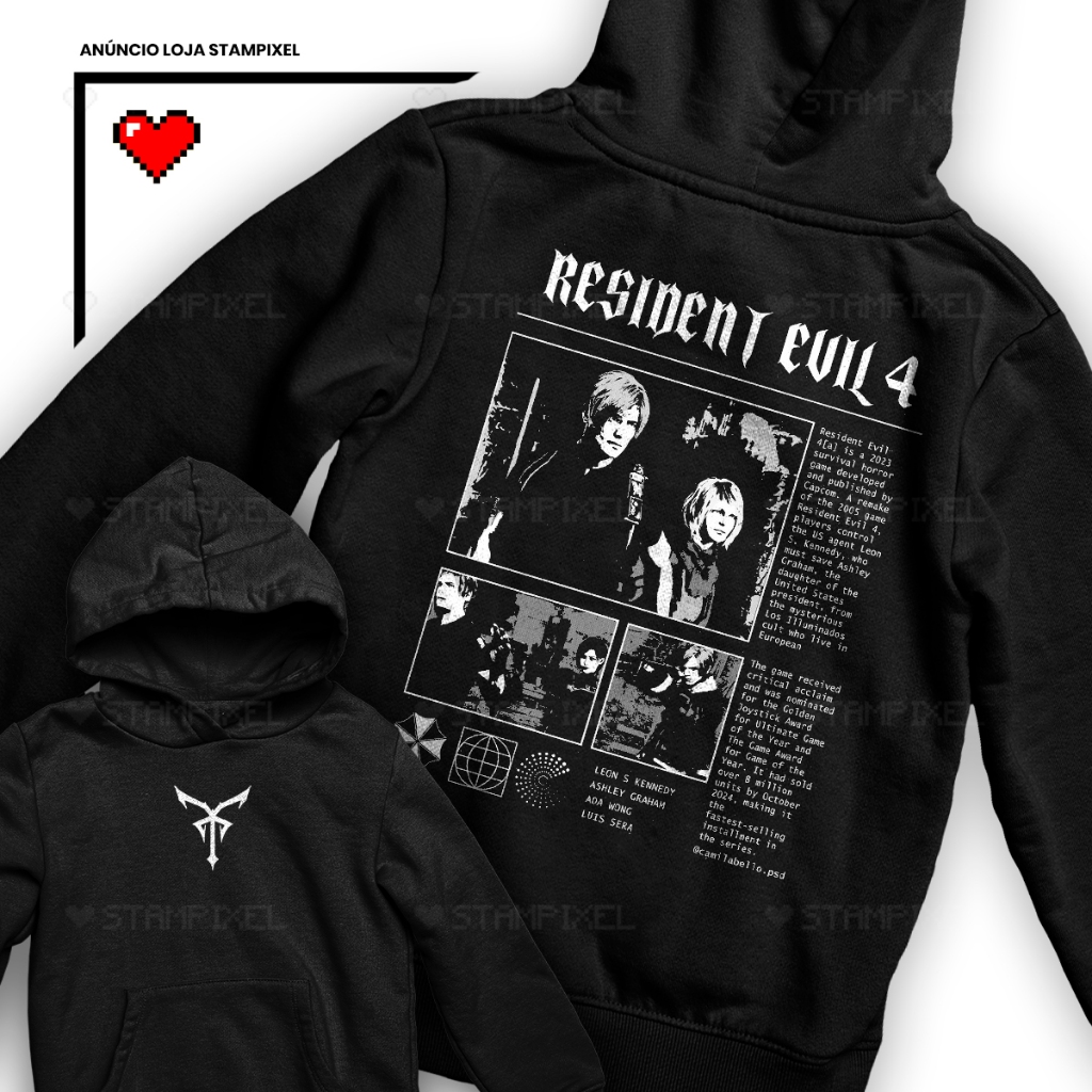Moletom Canguru Resident Evil Leon Kennedy Ashley Graham Frente e Verso Los Iluminados Blusa De Frio Jogo Geek Street