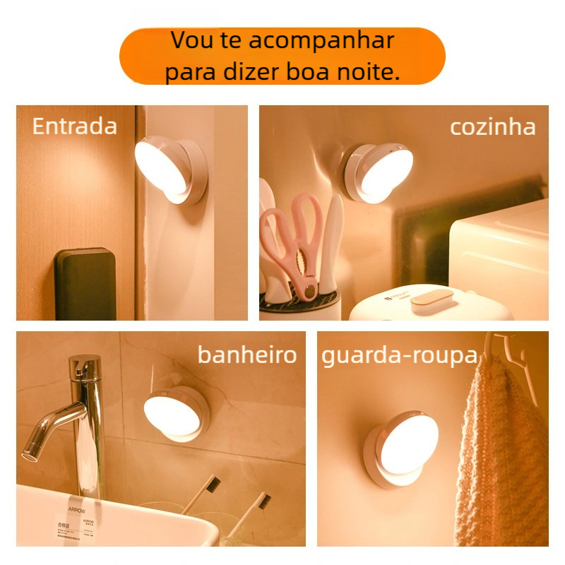 Luz Noturna Sensor de Movimento – LED USB, Sucção Magnética, Indução Giratória, Lâmpada de Cabeceira