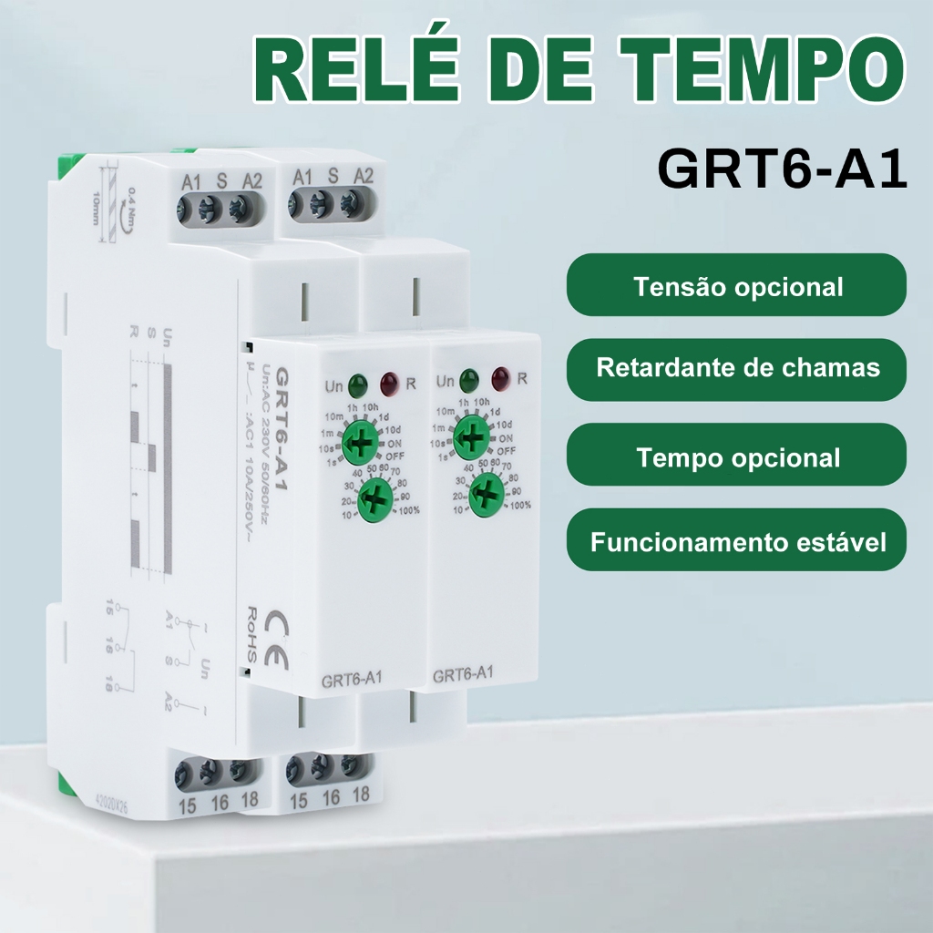 GEYA Relé de retardo de tempo GRT6-B1 relé de retardo de desligamento em miniatura tipo trilho DIN AC/DC 24V-240V