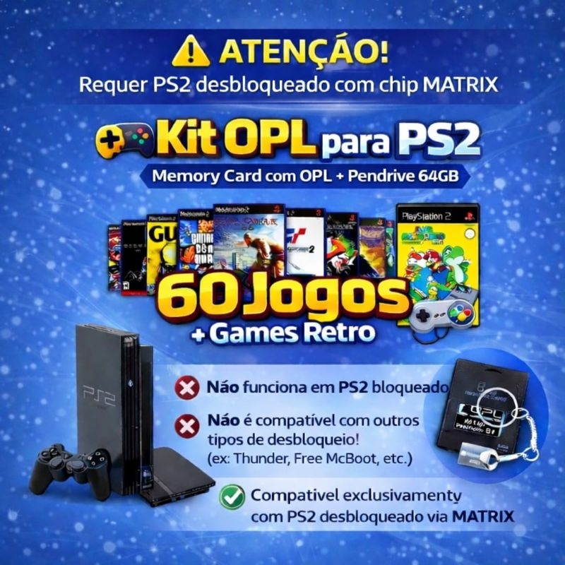OPL Memória card + Pendriver 64 GB Playstation 2 Fat ou Slim