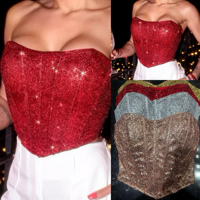 Corselete Cropped Corselet Vermelho Brilho Luxo Sereia glitter Moda Balada Moda Gringa Moda Verão