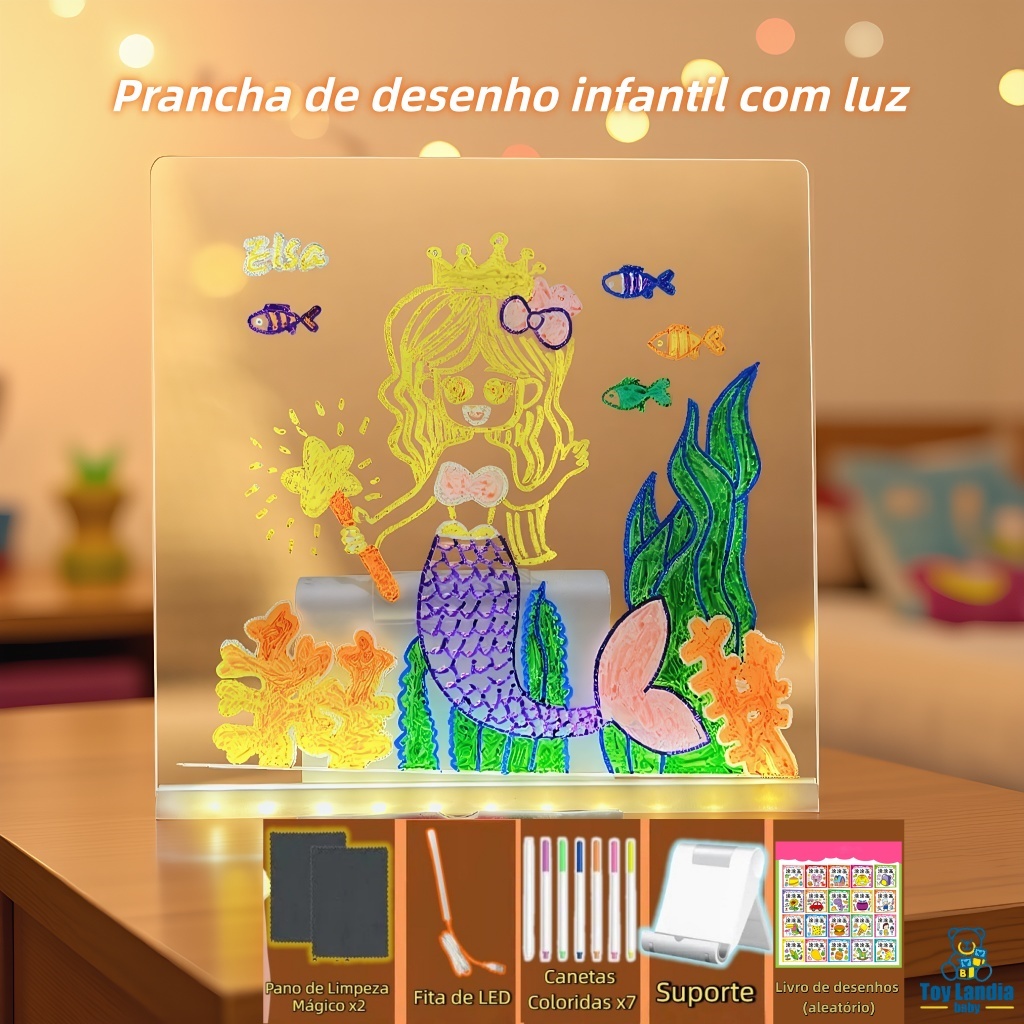 Prancheta De Desenho Colorida Led Para Presente Infantil Quadro De Mensagens Acrílico Regr...