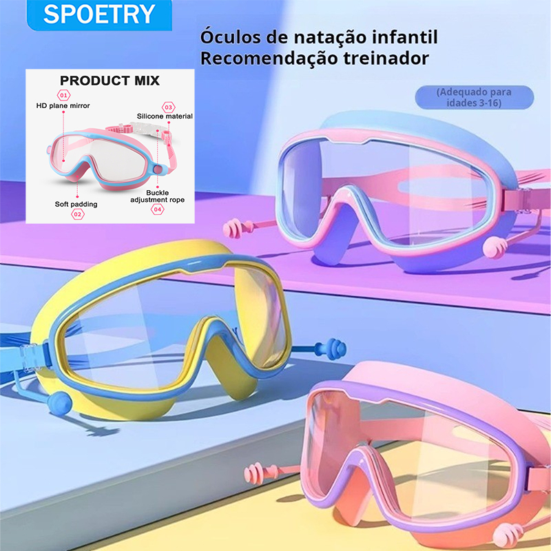 Imagem BR- Óculos De Natação Para Crianças Antiembaçante Óculos Natação Infantil Com Protetor Auricular HD Óculos Natação