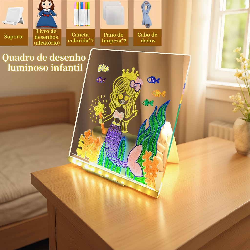Luminária de Escrever Desenhar Abajur Led Quadro de Notas Anotações Acrílico Escreve Apaga Criativa