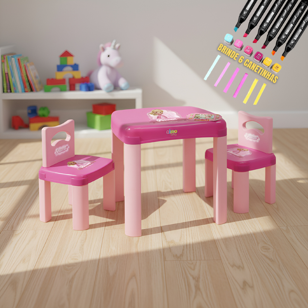 Mesa Mesinha Infantil Alimentação Didatica Criança C/2 Cadeiras Brinquedo