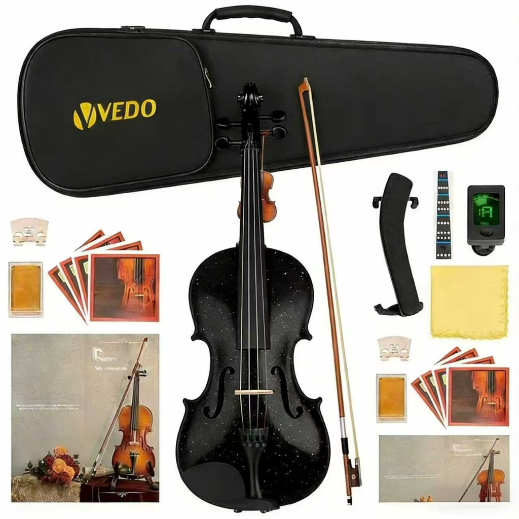 Conjunto completo de violino VEDO 4/4 fosco, adequado para iniciantes e adultos, com estojo rígido, resina, apoio para