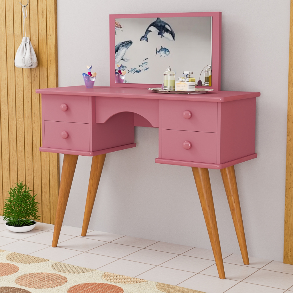 Penteadeira Rainha Rosa com Espelho 4 Gavetas Pés Palito Design Retrô para Quarto Infantil ou Juvenil