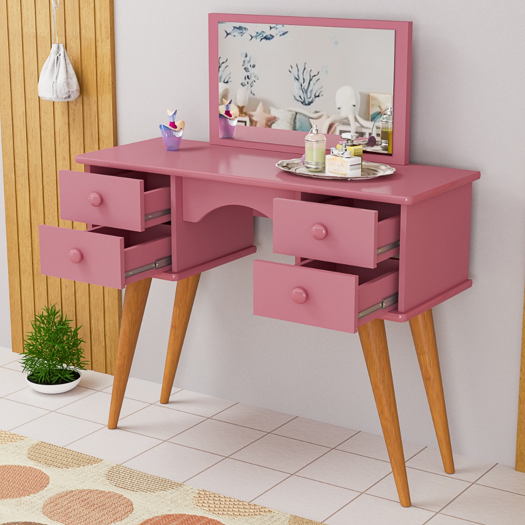 Penteadeira Rosa com Espelho 4 Gavetas Pés Palito Design Retrô para Quarto Infantil ou Juvenil