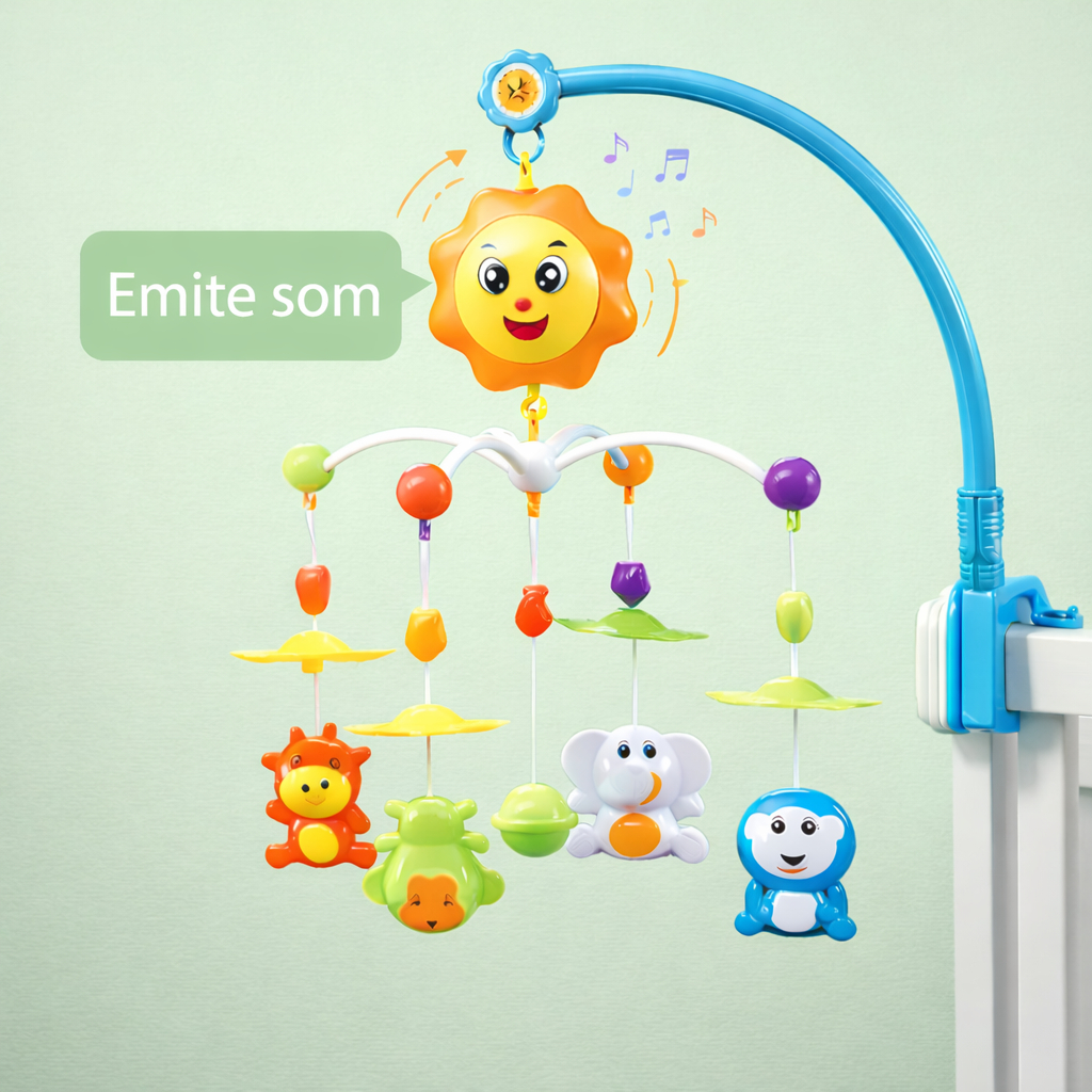Mobile Interativo Musical Rosa e Azul  Giratório Carrinho Berço Cama Bichinhos coloridos Sono Bebe