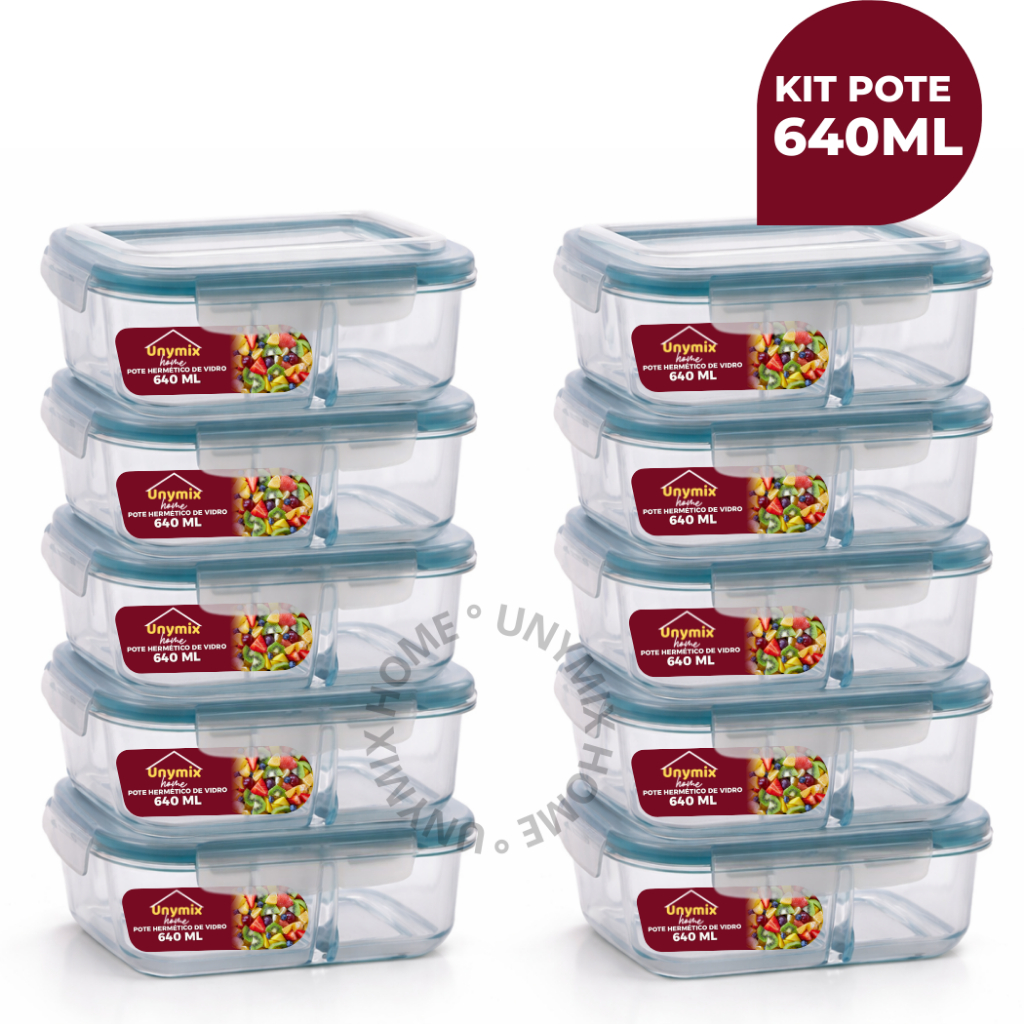 Kit 10 ou 5 Potes Herméticos 640ml Com Divisória Retangular Transparente Premium