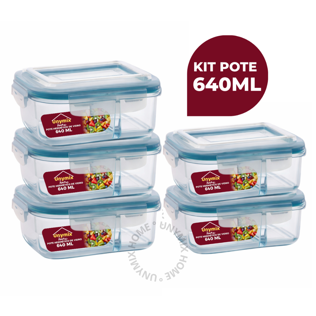 Kit 5 ou 10 Potes Herméticos 640ml Com Divisória Retangular Transparente Premium