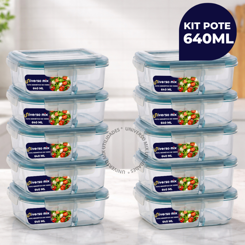 Kit 10 ou 5 Potes Vidro Herméticos 640ml Retangular Com Divisória Premium em Oferta na Shopee